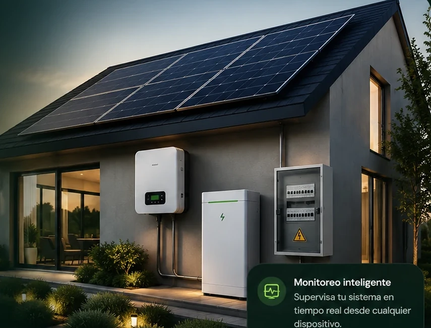 Vivienda con paneles solares, inversor y tablero eléctrico fotovoltaico